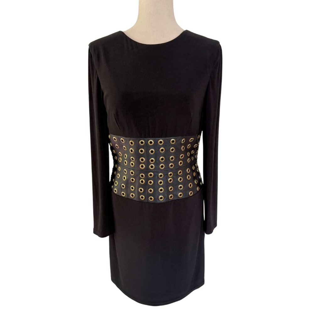 Jovani Faux Leather Long Sleeve Low Back Black Dress Size 10 Cocktail Mini Sexy - Picture 3 of 12